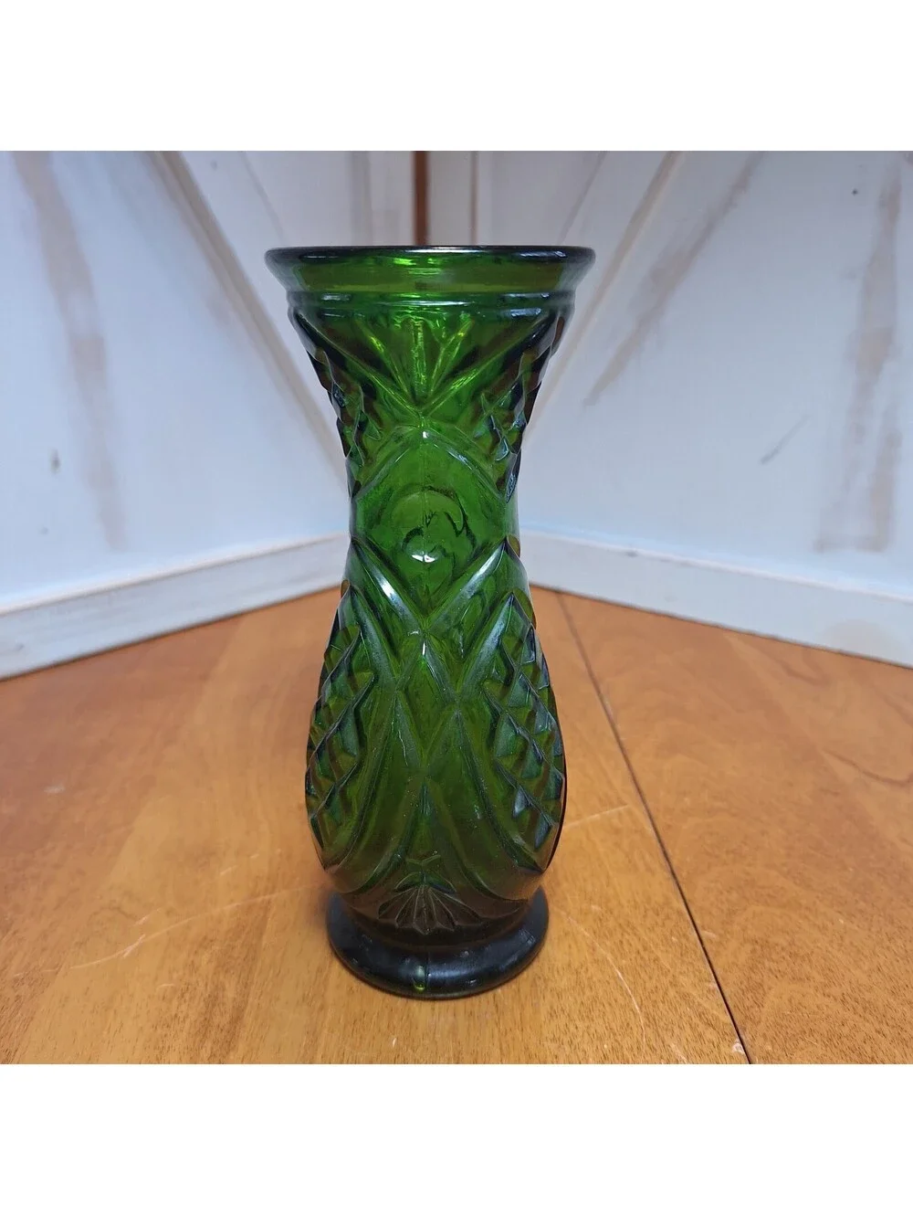 Emerald Green Cut Glass Footed Bud Flower Vase 6.5